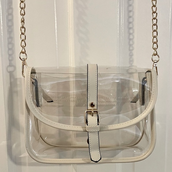 Clear Stadium Bag with White Leather Trim & Gold Hardware - Picture 1 of 6